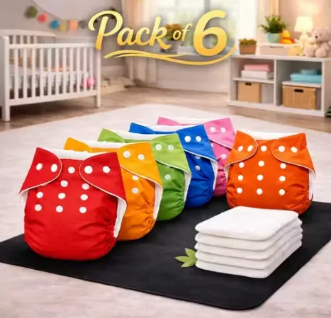PACK OF 6 + 6 WHITE SUPER ABSORPTION INSIRT Premium Baby Diaper Set | Leak Guard Protection | Adjustable Buttons | Comfortable & Reusable | Eco Safe Fabric