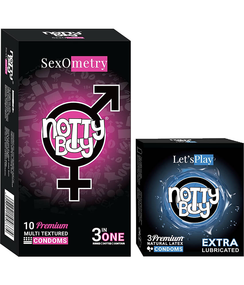 NottyBoy 3-In-One Ribbed Dotted Contoured and Extra Lubricated Condoms - (Set of 2, 13 Pieces)