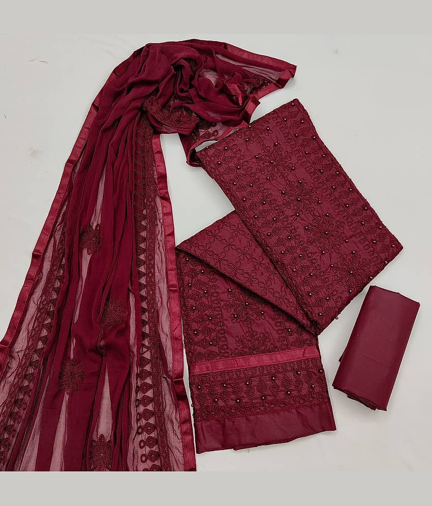 PRIHAL ART Maroon Cotton Unstitched Dress Material - Single view 2