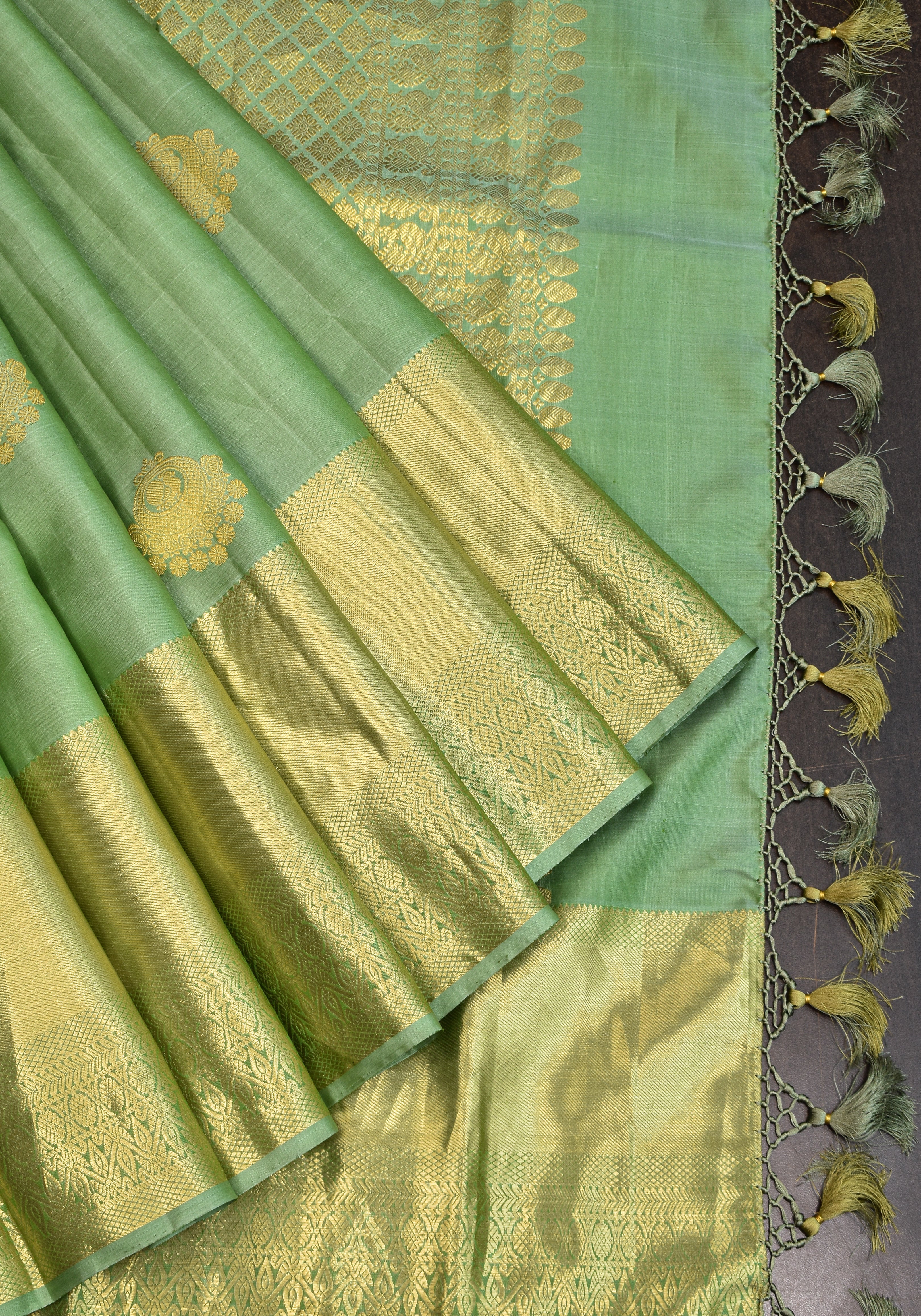 Green Kanjivaram with Zari Buttas and wide Zari Borders | SILK MARK CERTIFIED