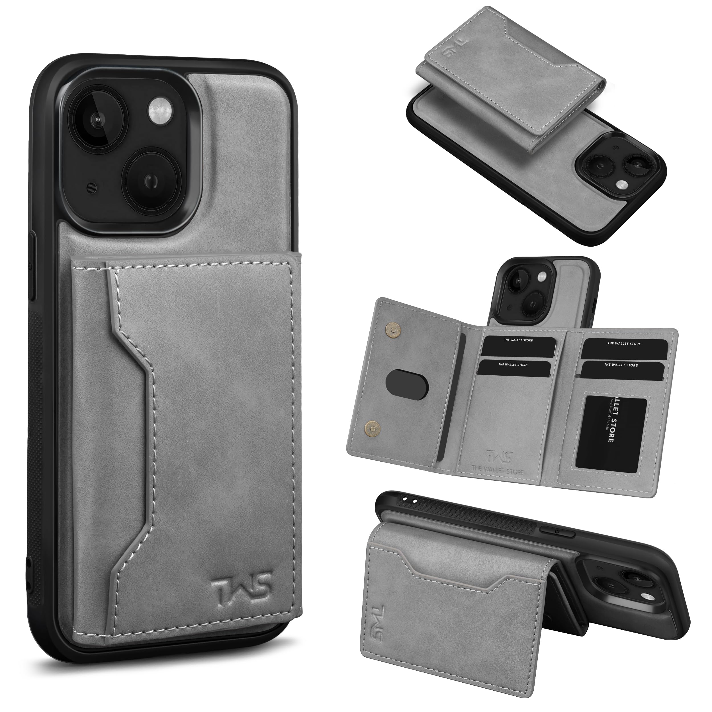 The Wallet Store Premium Leather iPhone Case Cover With Detachable Cardholder - Grey - iPhone 13