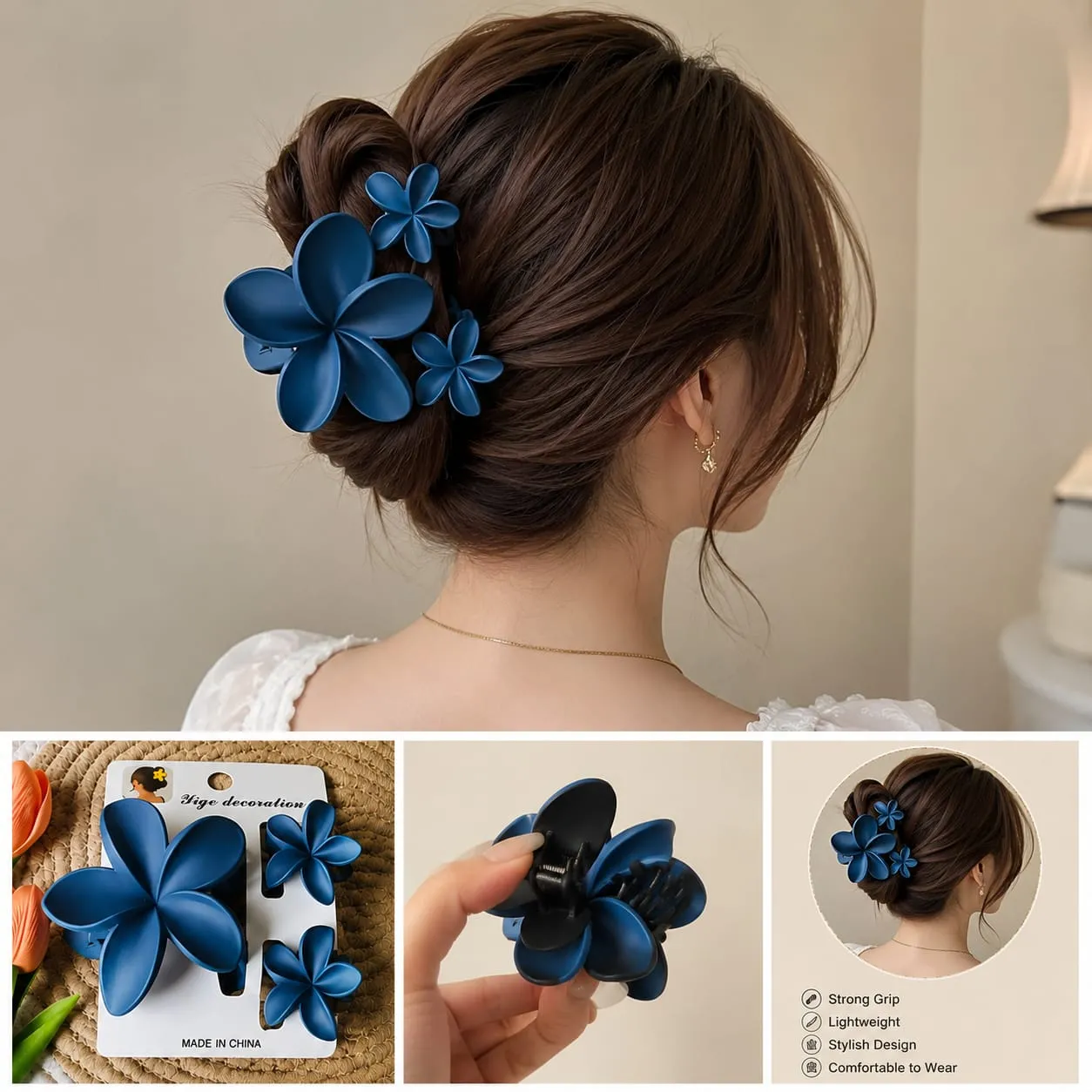 Blauwe Bloem Haarclip Set 3 Stuks Sterke Grip