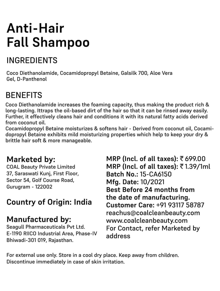 COAL Clean Beauty Anti-Hair Fall Shampoo with Aloe Vera Gel & Vitamin B5 | Deeply Cleanses, Reduces Hairfall & Adds Shine | Men & Women | All Hair Types | 500ml view 2