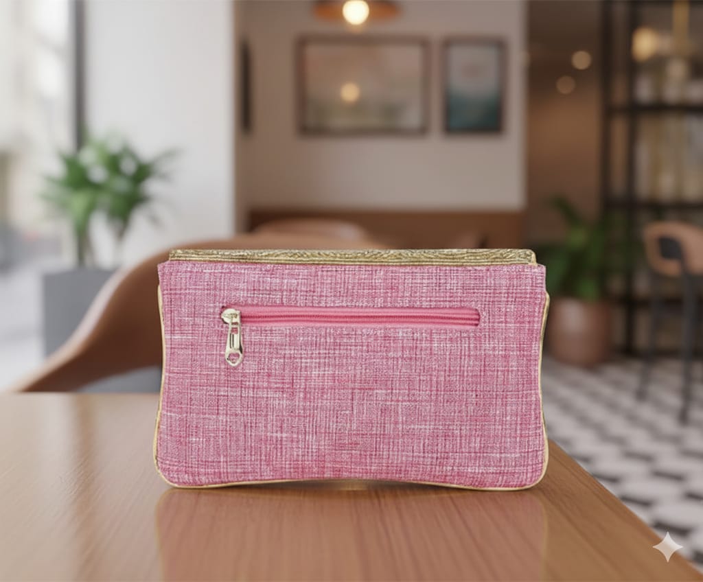 Elegant Pink Textured Clutch Pouch with Zipper and Golden Trim for Women view 2