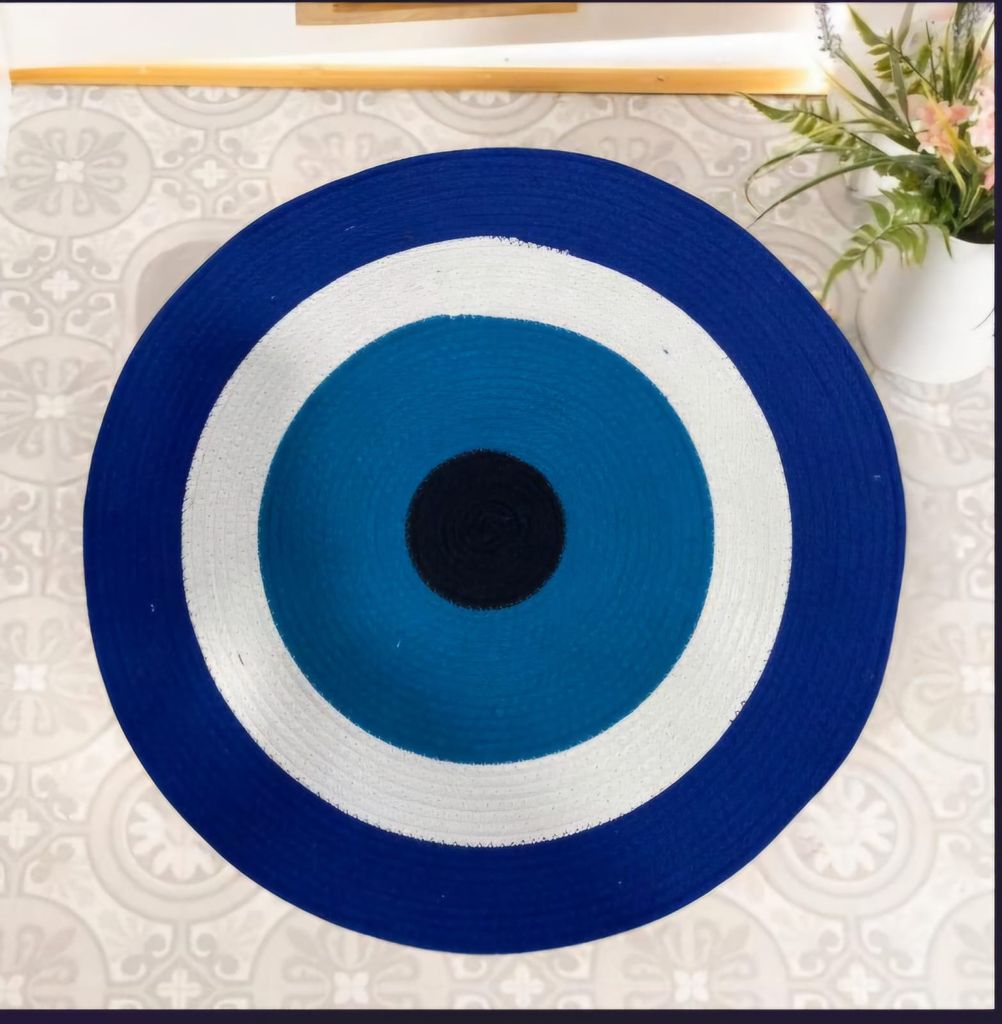 Unique Handwoven Turkish Evil Eye Rug - Blue and White Cotton Home Decor Mat
