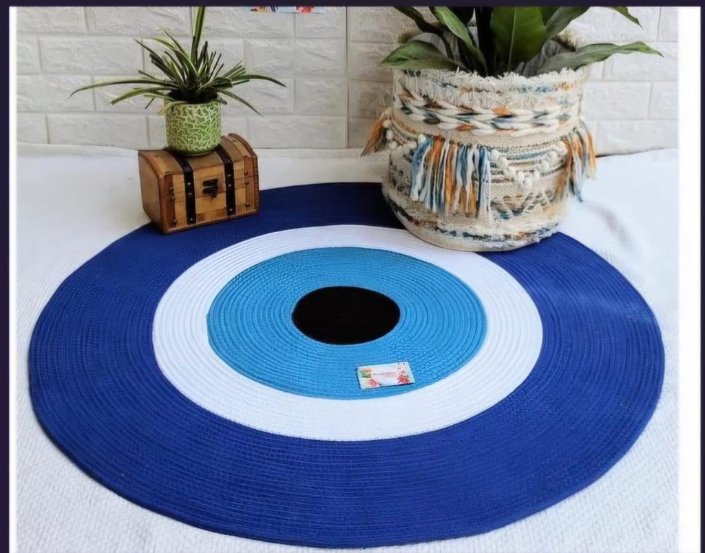 Unique Handwoven Turkish Evil Eye Rug - Blue and White Cotton Home Decor Mat view 2