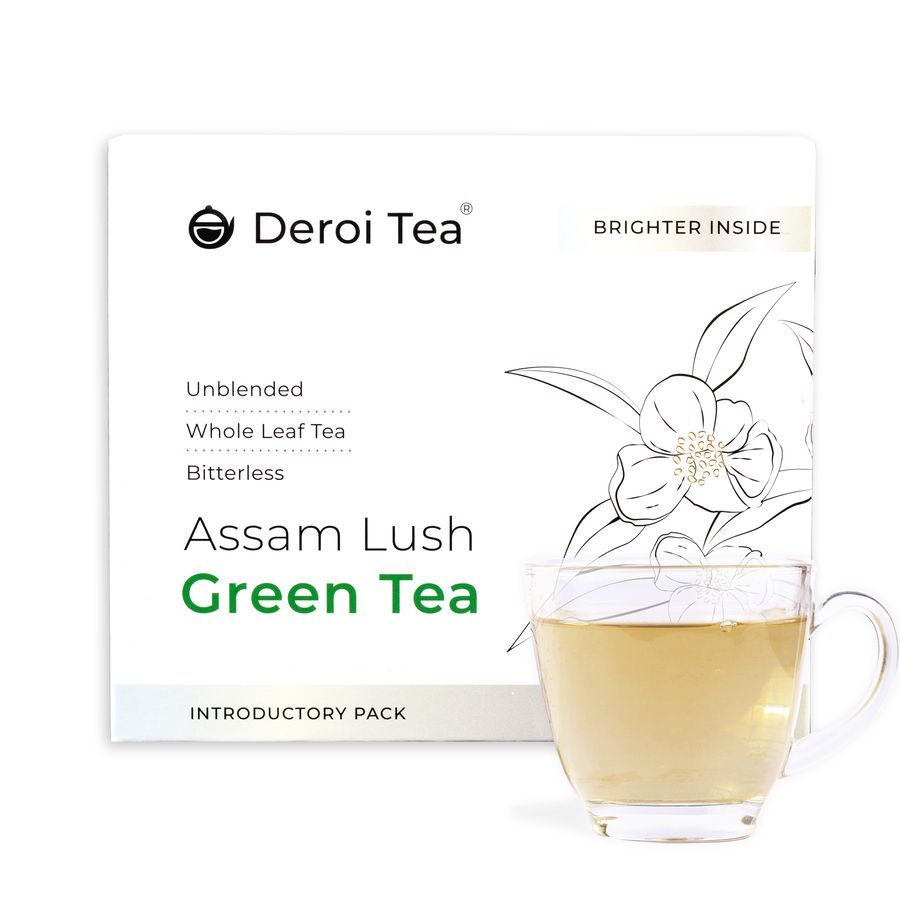 DEROI TEA Assam Lush Green Tea | CARBON-FREE DRIED TEA | 100% Natural Whole Leaf | Assam Tea | 1Bud & 2 Leaves| BITTERLESS | Antioxidant Rich - 100 gm - 100 gms Whole Leaf Green Tea - 60 Cups