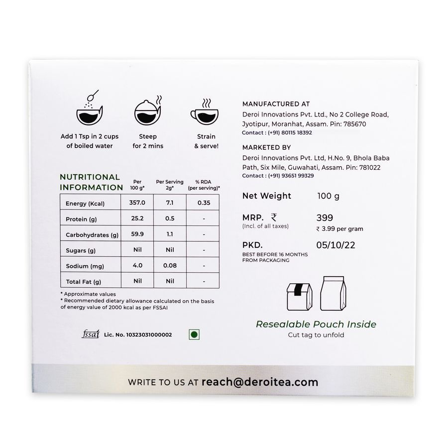 DEROI TEA Assam Lush Green Tea | CARBON-FREE DRIED TEA | 100% Natural Whole Leaf | Assam Tea | 1Bud & 2 Leaves| BITTERLESS | Antioxidant Rich - 100 gm - 100 gms Whole Leaf Green Tea - 60 Cups view 2
