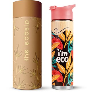 IMECO Bamboo Bottle Stainless Steel Printed Bottle Premium Bottle Hot Cold Leakproof Comes with Strainer Double-Wall Vaccum Insulated Travel Adult Kids (Harmony 500 ML)