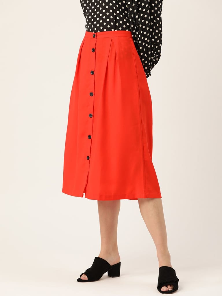 Women Red Solid Midi A-line Skirt view 2