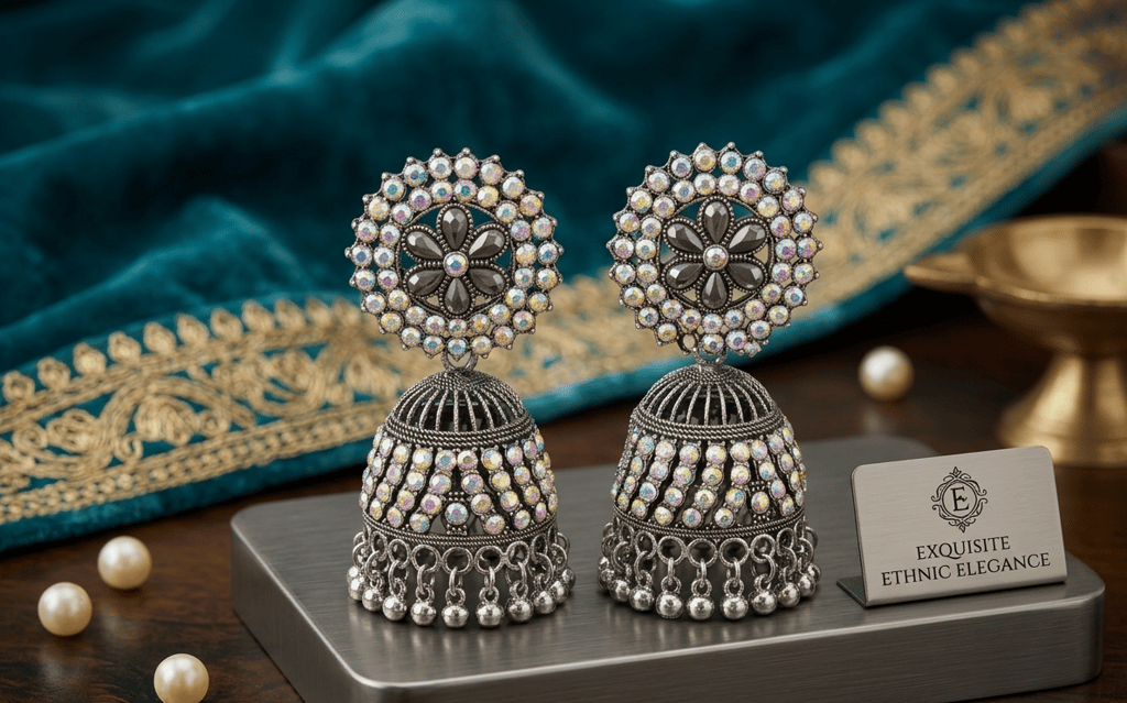 Handcrafted Oxidized Silver Jhumka Earrings with AB Rhinestones