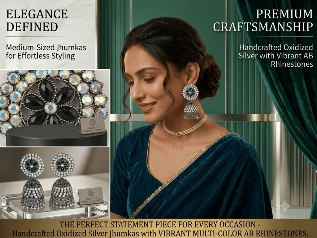 Handcrafted Oxidized Silver Jhumka Earrings with AB Rhinestones view 2