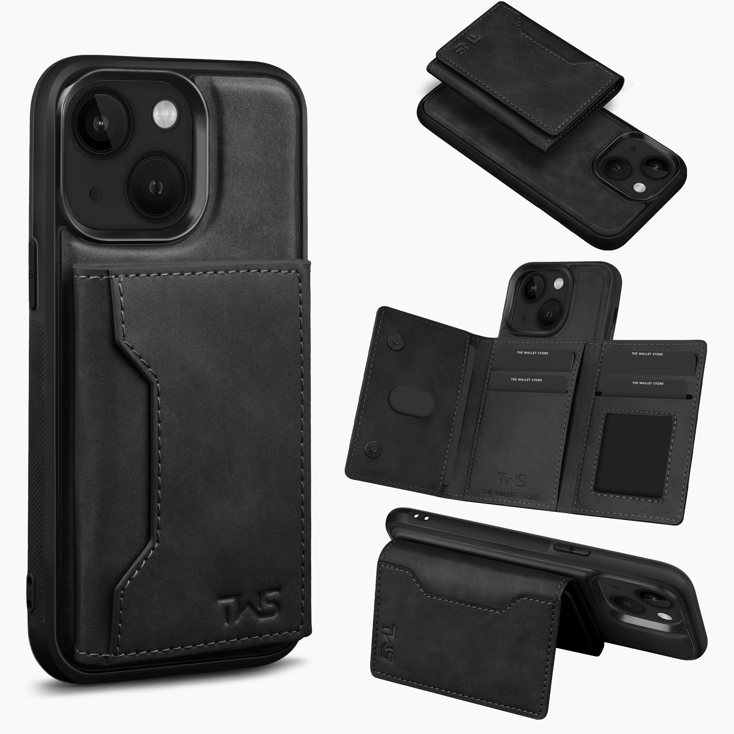 The Wallet Store Premium Leather iPhone Case Cover With Detachable Cardholder - Black - iPhone 13
