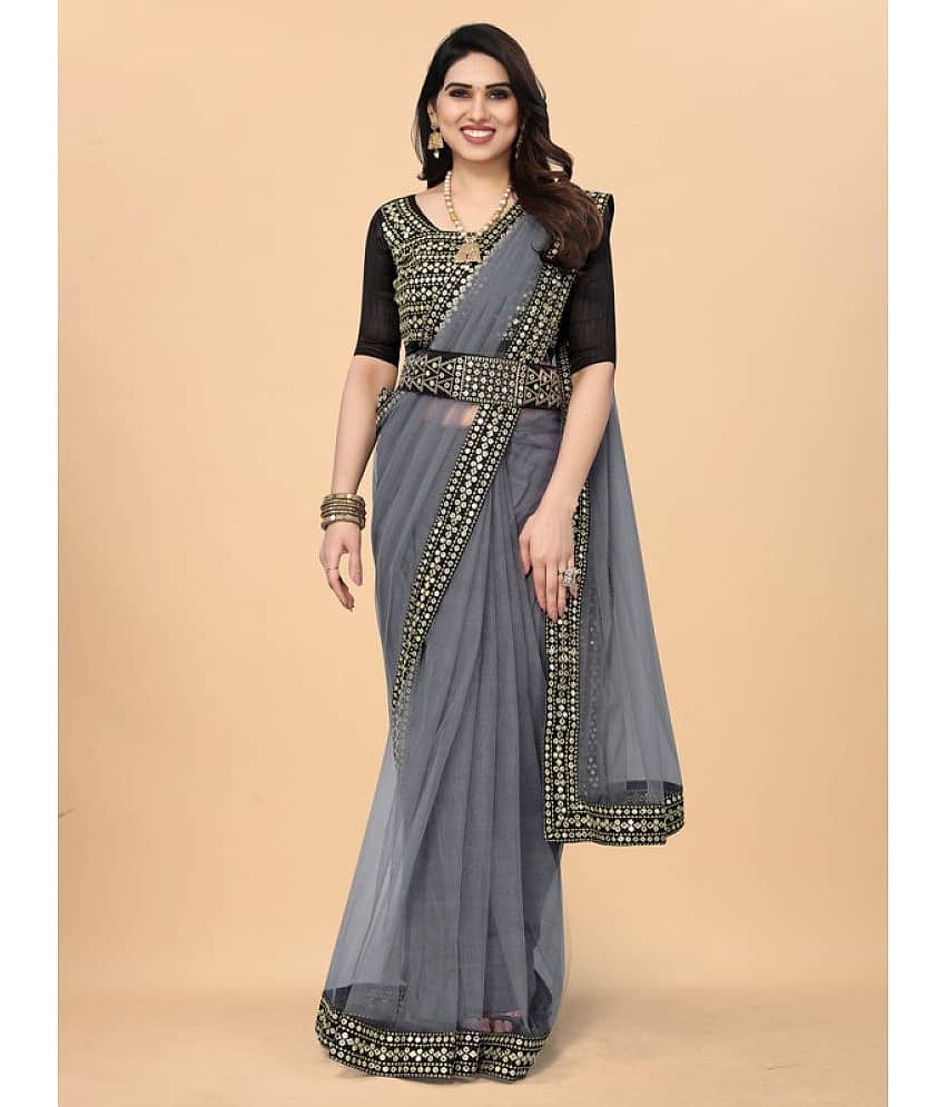 Poshvariety Georgette Solid Saree With Unstitched Blouse Piece ( Grey )