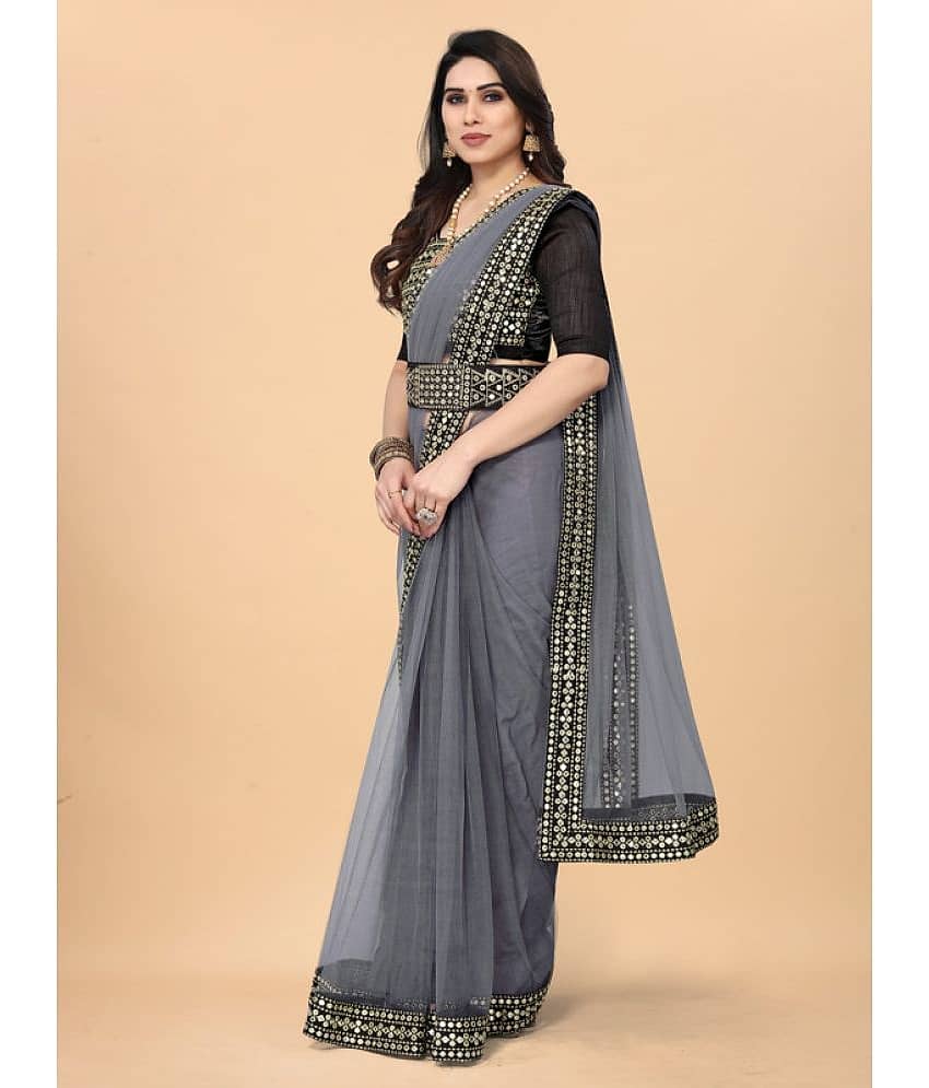 Poshvariety Georgette Solid Saree With Unstitched Blouse Piece ( Grey ) view 2