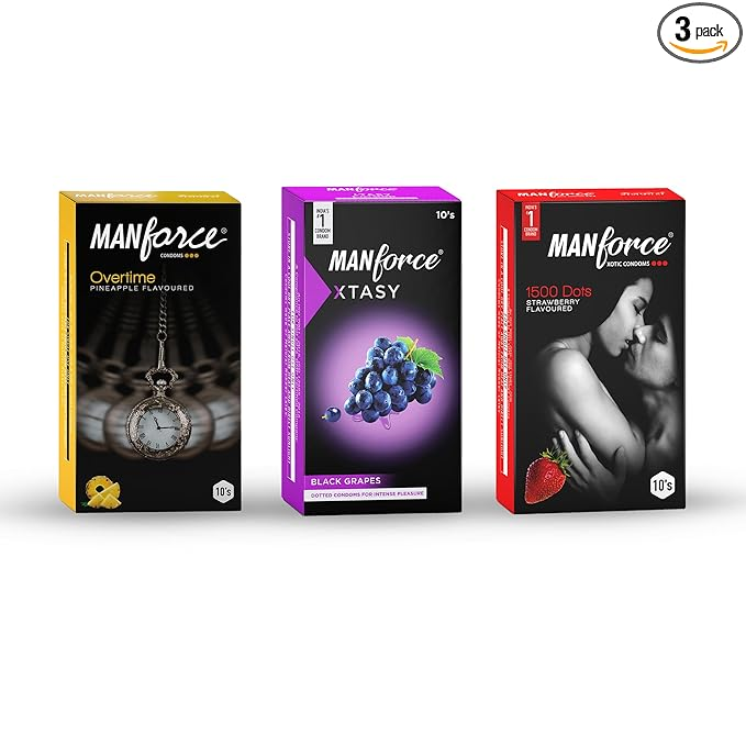 Manforce Condoms Combo Pack (3in1 Strawberry 3in1 Black Grapes & Extra Dotted Pineapple Flavoured)- 10 Pieces (Pack of 3)