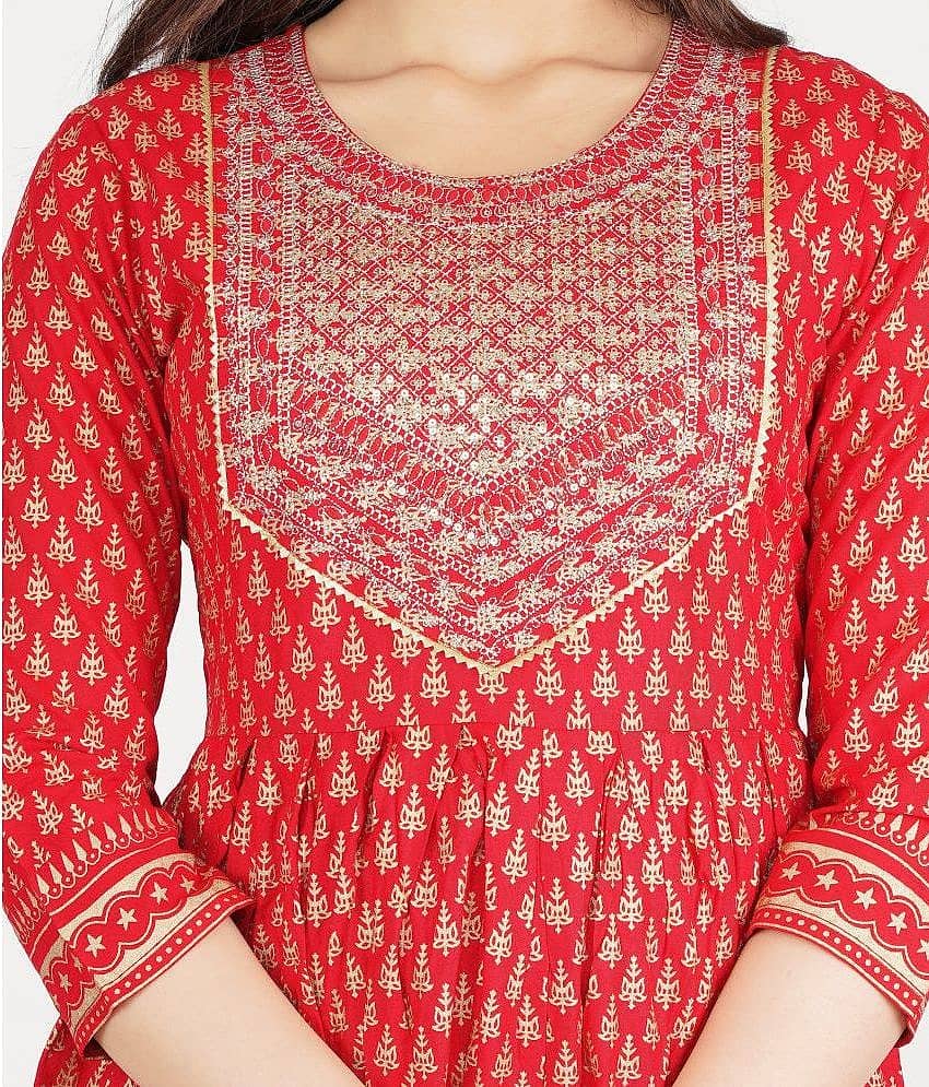 Jaipuri Collection - Red Rayon Women's Flared Kurti ( Pack of 1 ) view 2