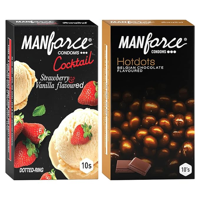 MANFORCE Premium Condoms (Hotdots Belgian Chocolate with Bigger Dots & Cocktail Strawberry+Vanilla with Dotted Rings) Combo - 10s (Pack of 2) Condom (Set of 2 20 Sheets)