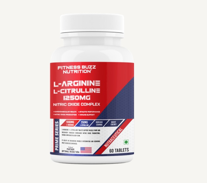 Fitness Buzz Nutrition Prime Series L-Arginine 1000mg + L-Citrulline 250mg, 1250mg Nitric Oxide Complex for Cardiovascular Health, Athletic Performance, Immunity, Energy & Stamina Boost, Nutraceutical, 60 Veg Tablets