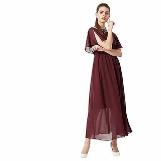Miss Chase Womens Wine Red Flared Solid Embellished Gathered Maxi Dress view 2