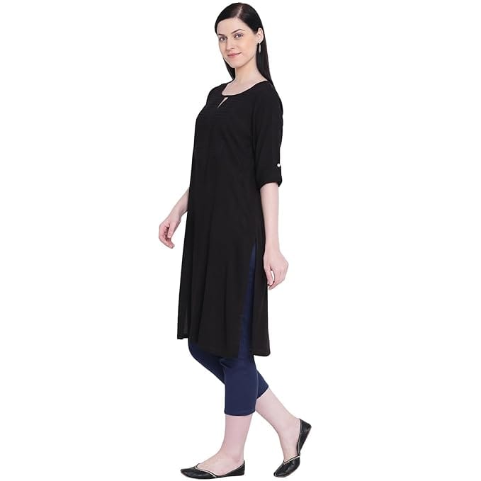 Black Rayon Embroidered A-Line Kurta with Round Neck and 3/4th Sleeves