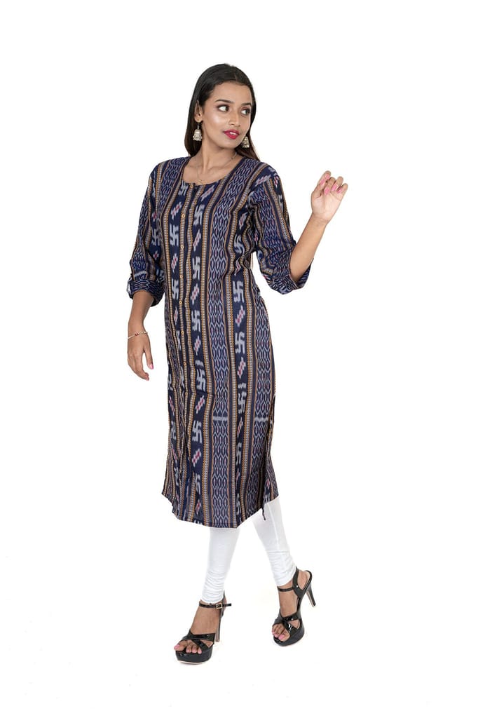 GHL GUENDICHA HAAT Sambalpuri Certified Handloom Women's Pure Cotton Round Neck Front Slit Kurta view 2