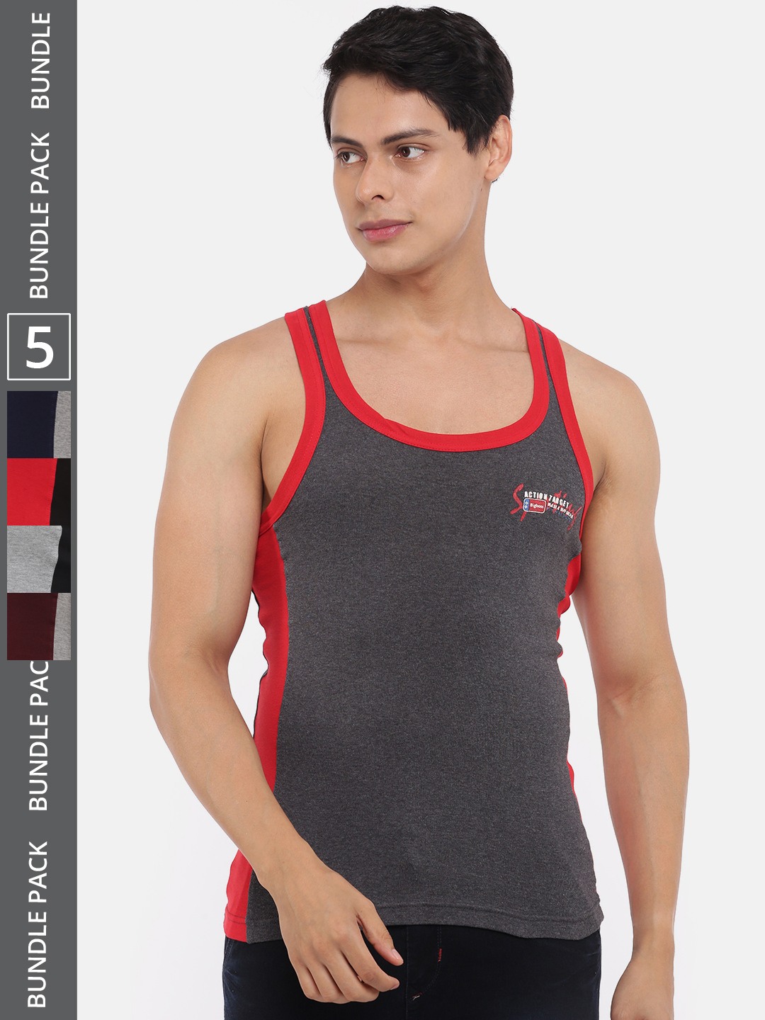 Men's Assorted Pack of 5 Solid Combed Cotton Racerback Styled Gym Vest