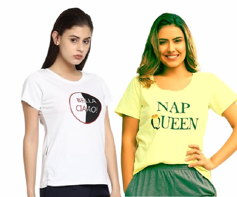 FooFaa Girls Ladies Lounge Cotton Round Neckline and Short Sleeves Top Tshirt - (Combo Pack of 2)