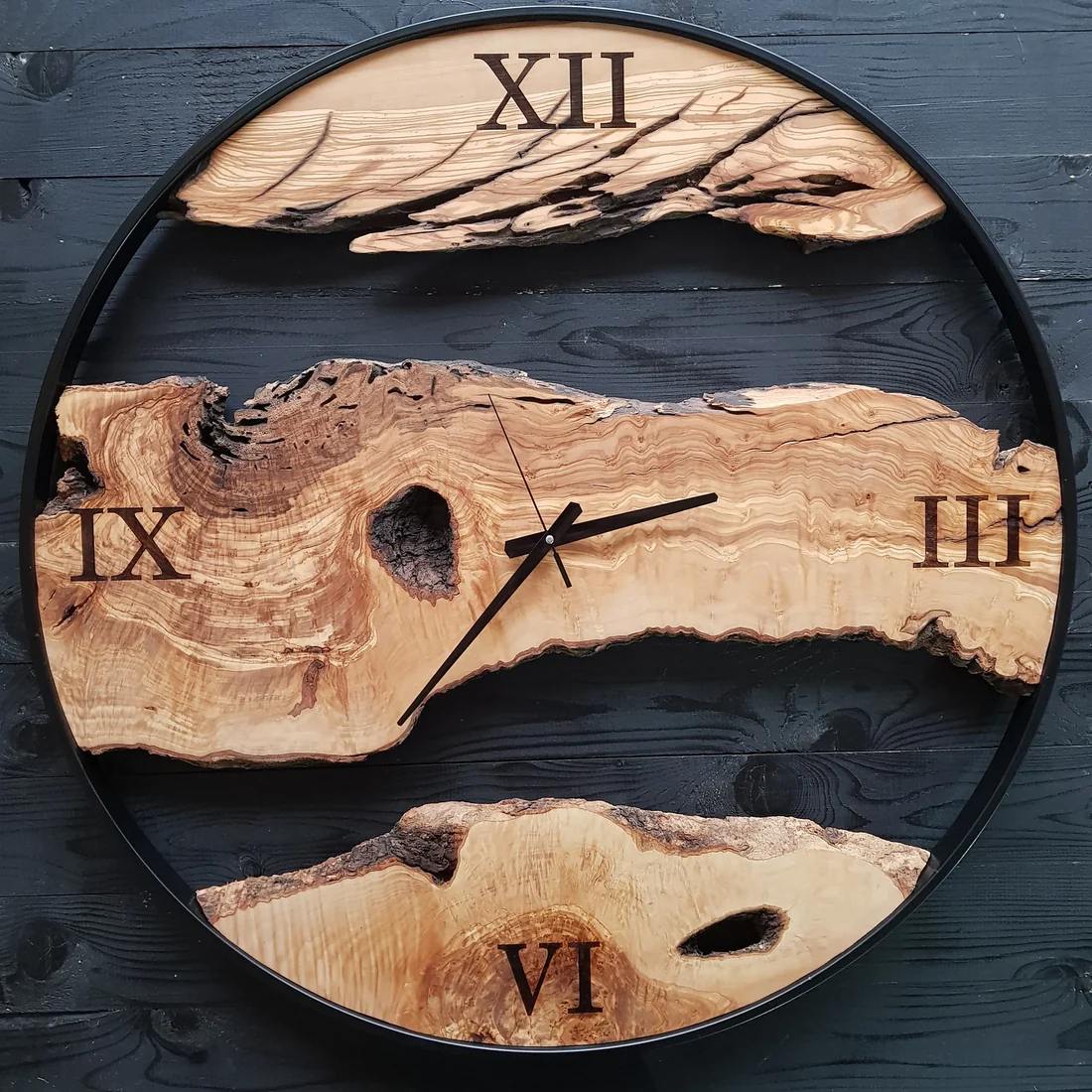 Sahaj Hast Olive Wood Wall Clock Silent Movement, Live Edge Farmhouse Style | Handmade Wooden Wall Art ( Size - 28" )