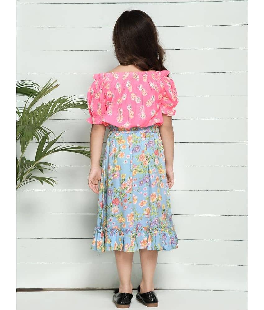 Baby Pink Blue Pineapple Print Bardot Top with Floral Skirt Set view 2