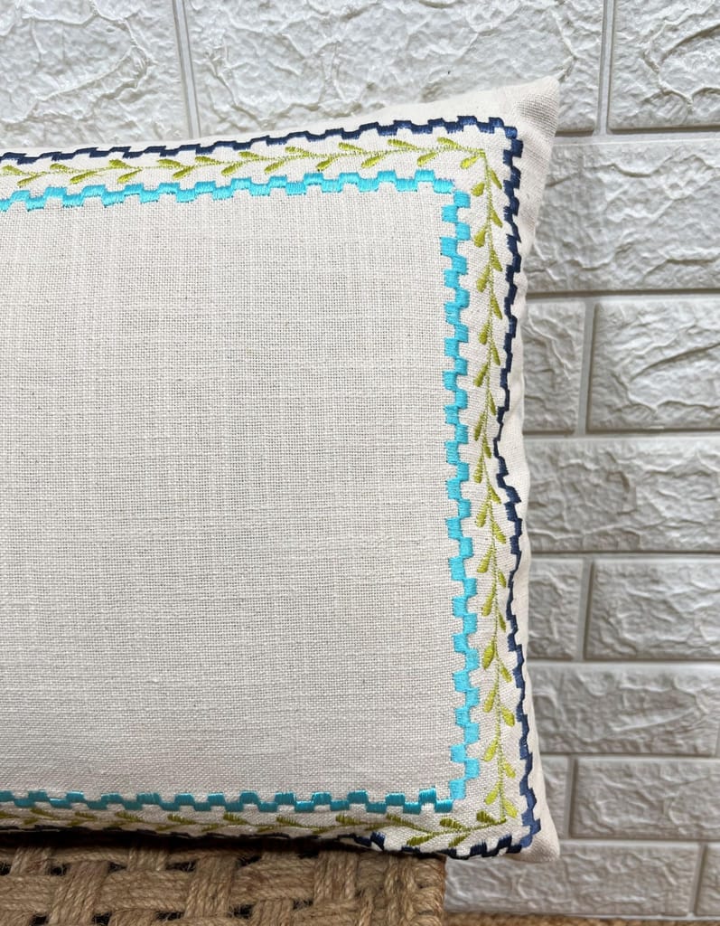Indihomecraft Blue Border Cushion Cover Hand Embroidery Inspired Decorative Boho Cushion Cover for Sofa Couch Swing Chair Living Room & Bedroom 14 x 20 Inches, Pack of 1 view 2