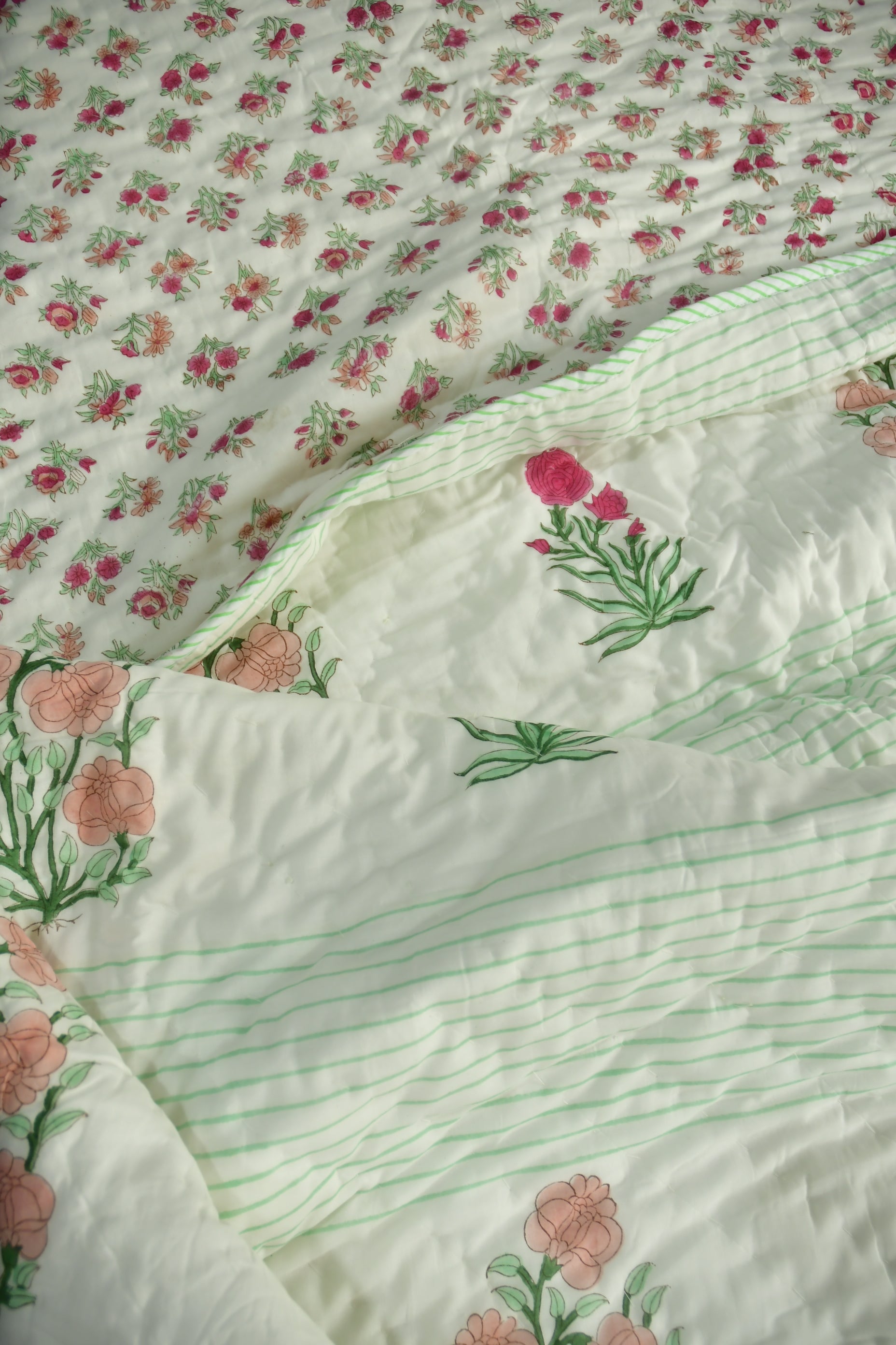 Peach and Pink Floral Premium HandBlock Quilt Single 60x90 inches