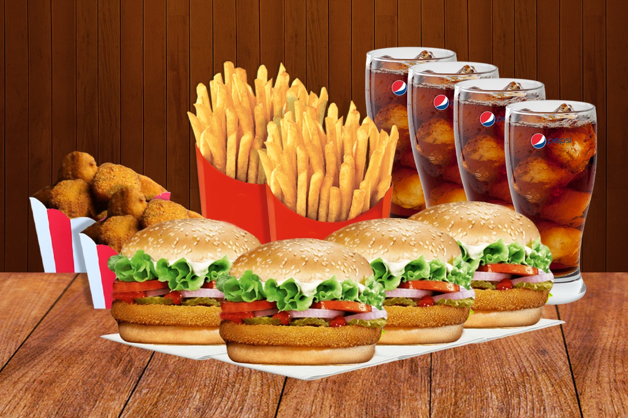 4 veg burger+2 fries+2 jalapeno poppers+2 pepsi