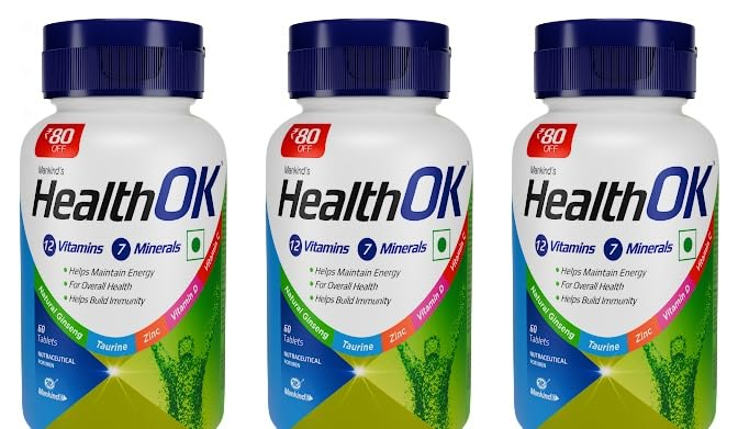 Mankind's Health OK Multivitamin With Natural Ginseng Taurine Power Daily Energy Alertness Vitamin D C & Other 18 Multivitamins Minerals For Overall Health 60 Tablets (Pack of 3)
