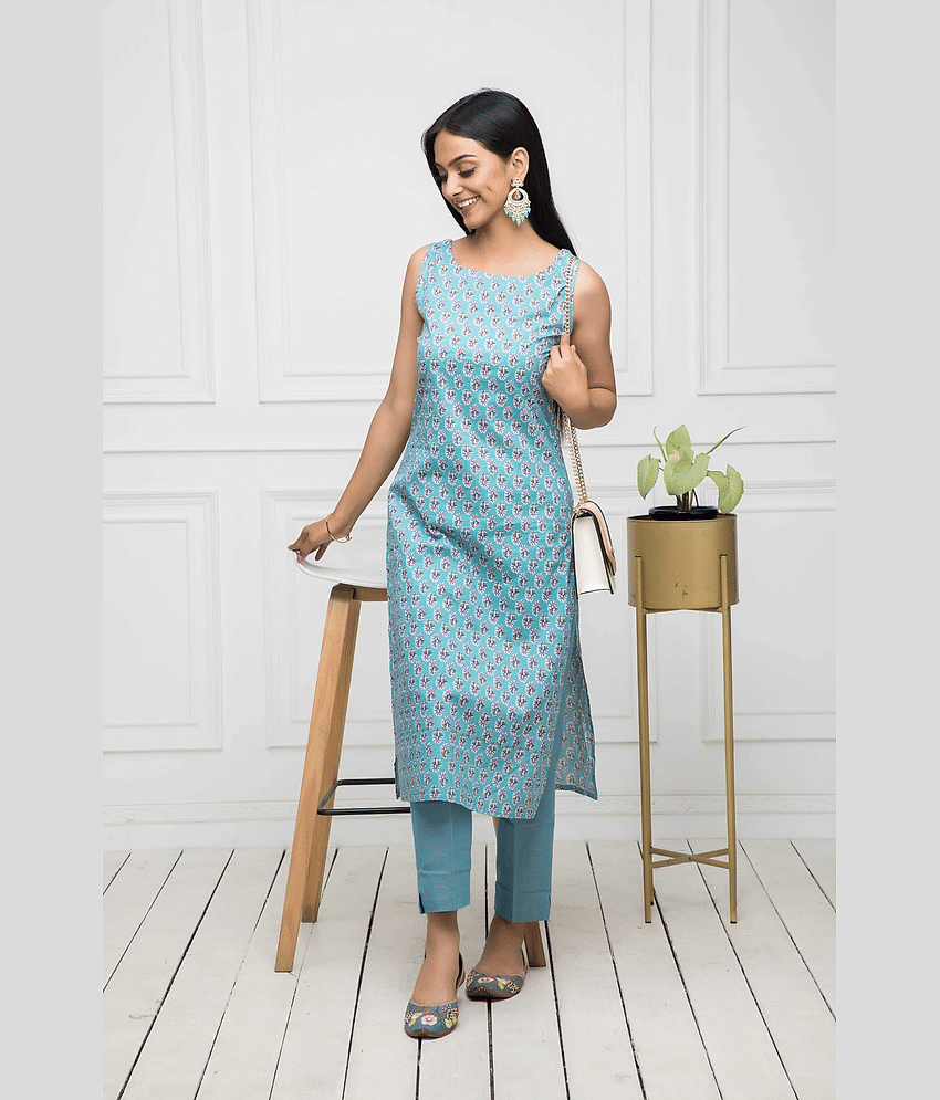 Shivaradhya designers Cotton Printed Straight Women's Kurti - Light Blue ( Pack of 1 )