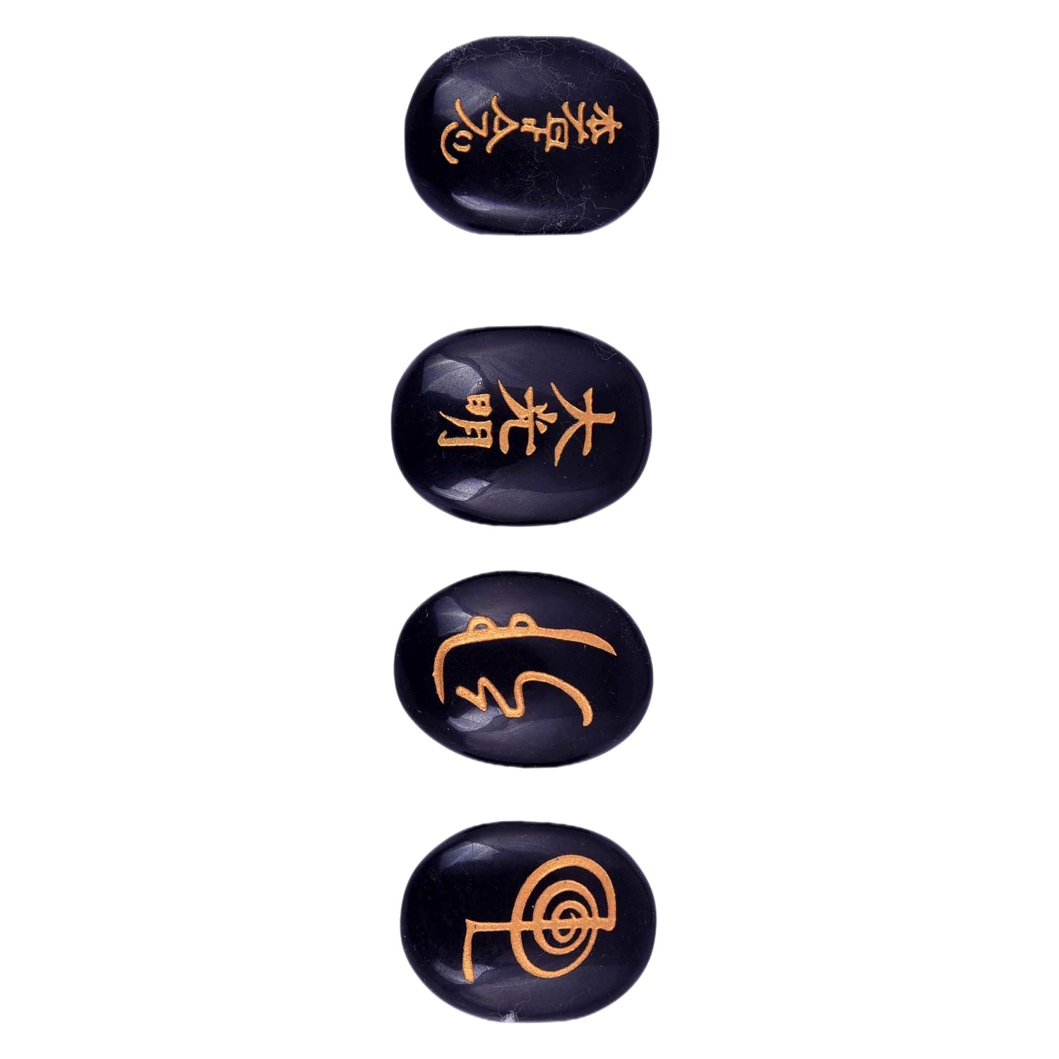 Set of 4 Usui Reiki Symbol Engraved, Black Tourmaline Stone, Oval Shape Usui Reiki Symbol, Reiki Set, Palm Stone, 4 Pcs with Wooden Box_0075(KI_75) by Krishna Impex