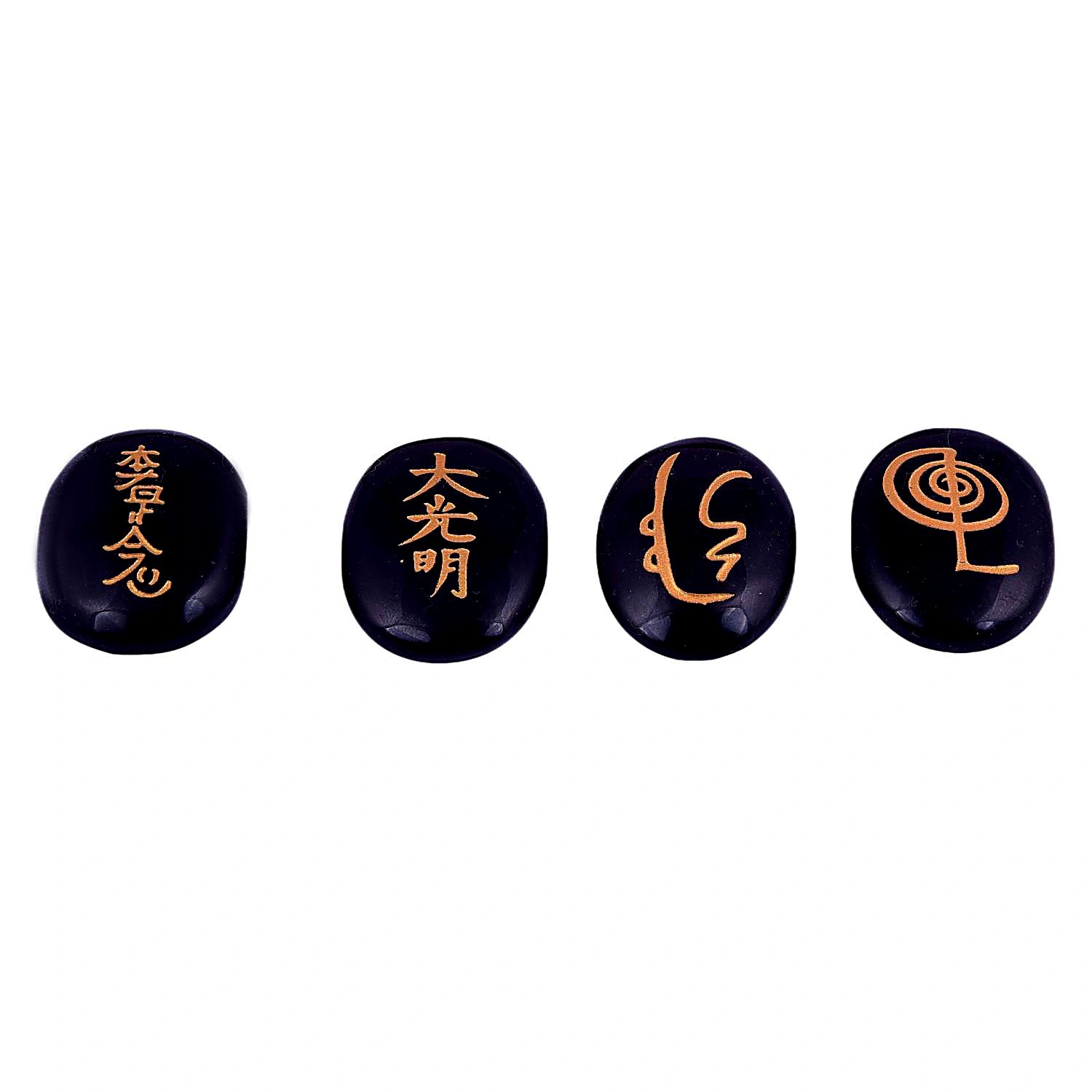 Set of 4 Usui Reiki Symbol Engraved, Black Tourmaline Stone, Oval Shape Usui Reiki Symbol, Reiki Set, Palm Stone, 4 Pcs with Wooden Box_0075(KI_75) by Krishna Impex view 2