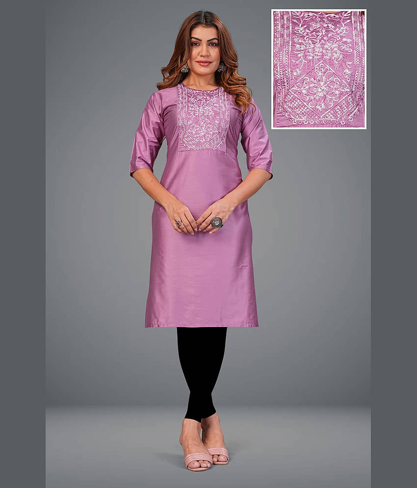 Hetsa Women Chanderi Embroidered A-line Kurti ( Purple )