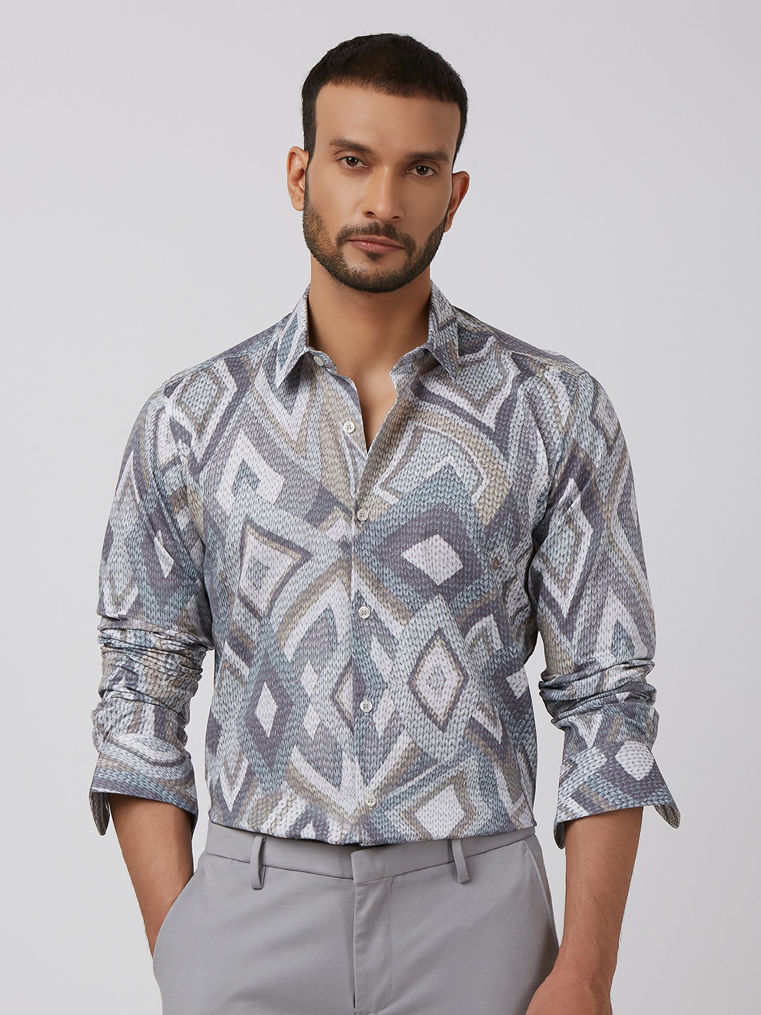 Grey Digital Print Slim Fit Casual Shirt