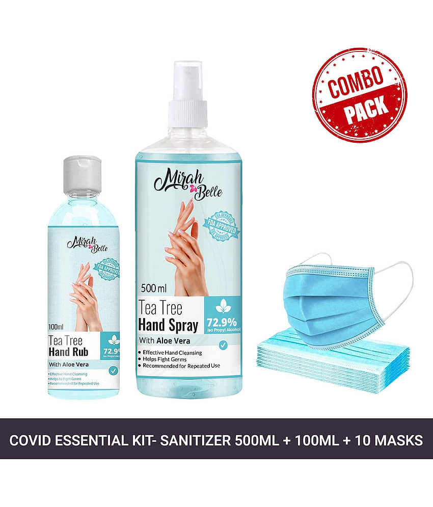 Mirah Belle Tea-Tree Aloe Vera Hand Rub Spray 500ML + 100Ml & 10 Masks Sanitizers 600 mL Pack of 2