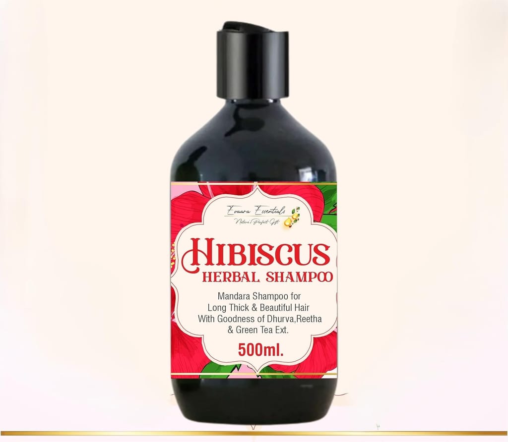 Evaara Essentials Hibiscus Herbal Shampoo, 500ml, Mandara Formula with Green Tea Extract for Long Thick Hair
