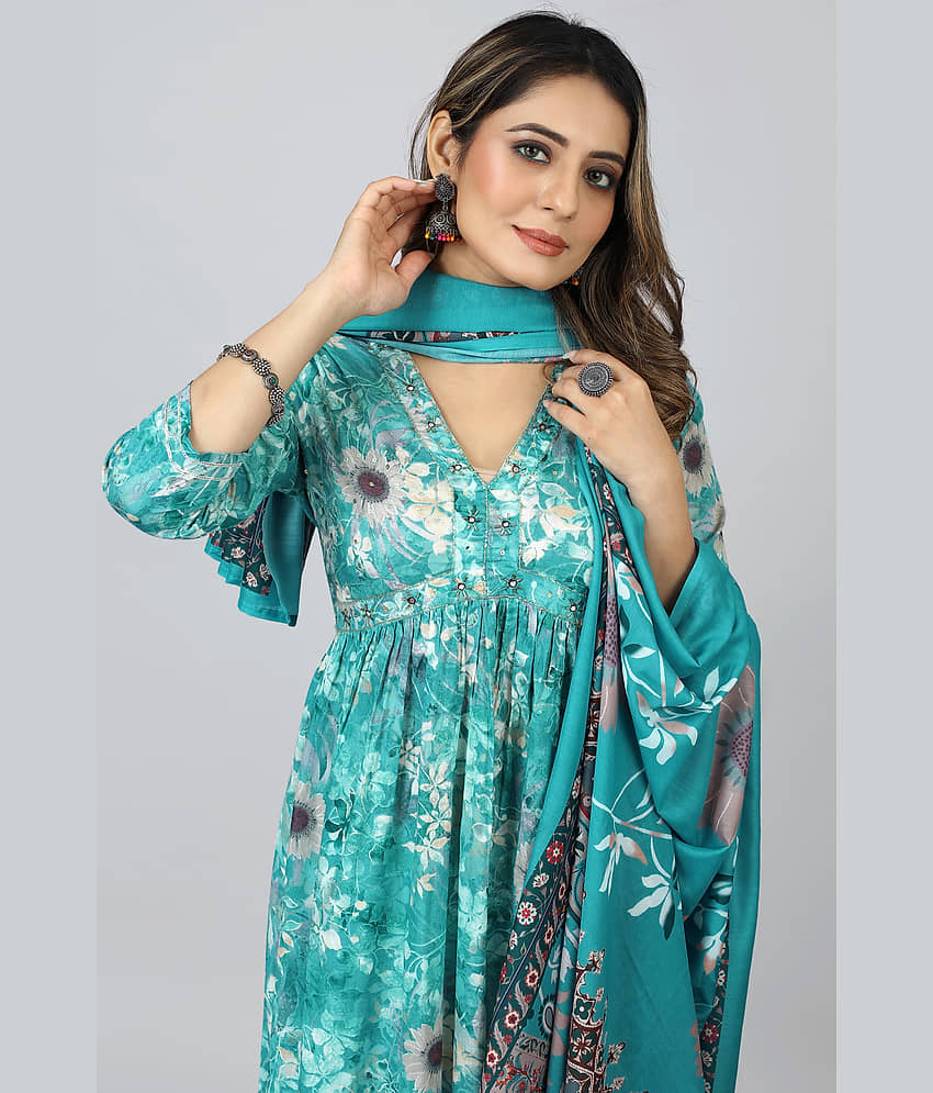 SARRAS - Blue Flared Cotton Women's Stitched Ethnic Gown ( Pack of 1 ) view 2