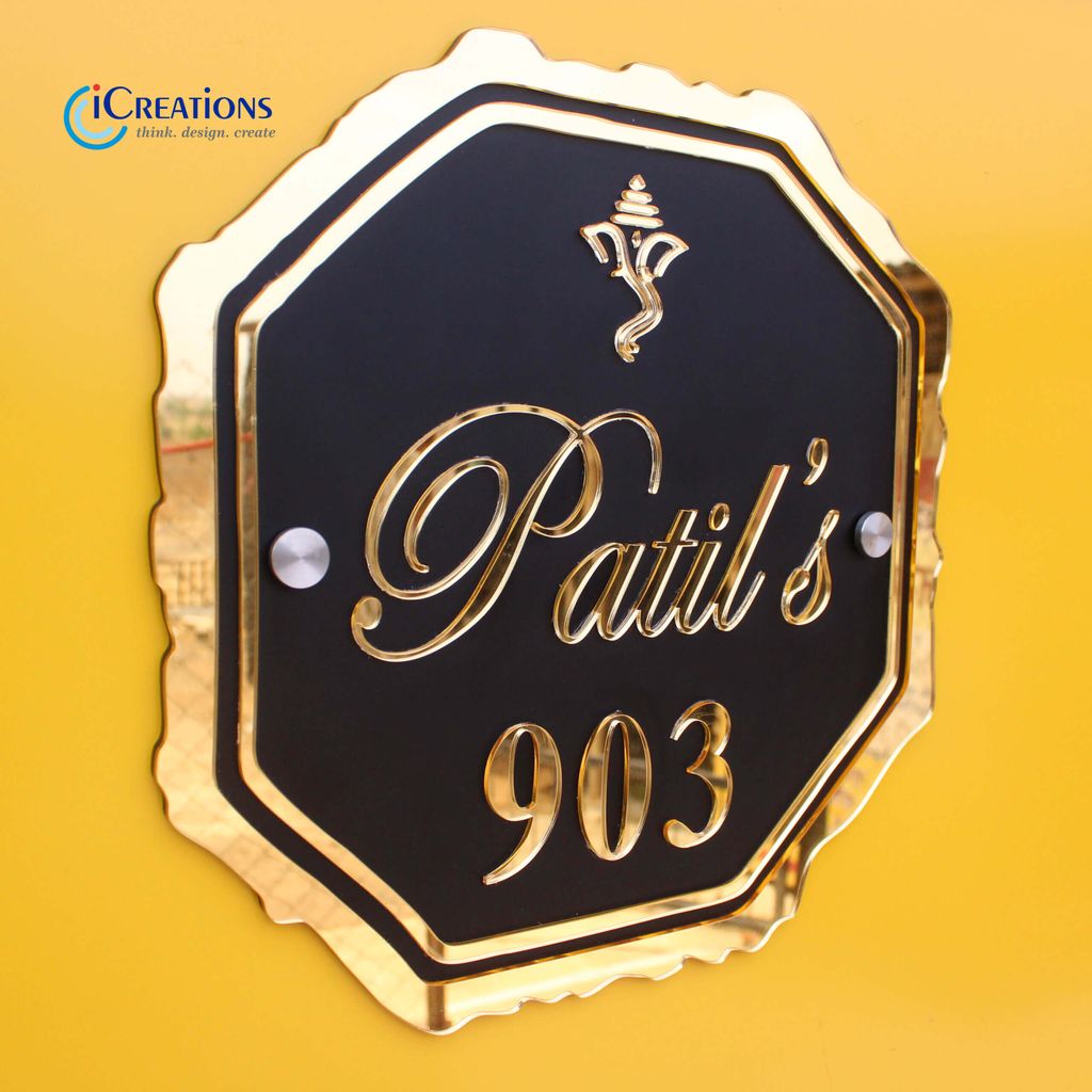 iCreations Black Nameplate with Golden Acrylic Solid Letters in Chhatrapati Shivaji Shivmudra style view 2