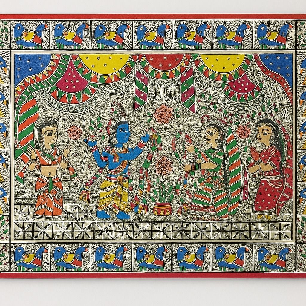 Traditional Madhubani Painting – Ram Sita Wedding with Mandala. view 2