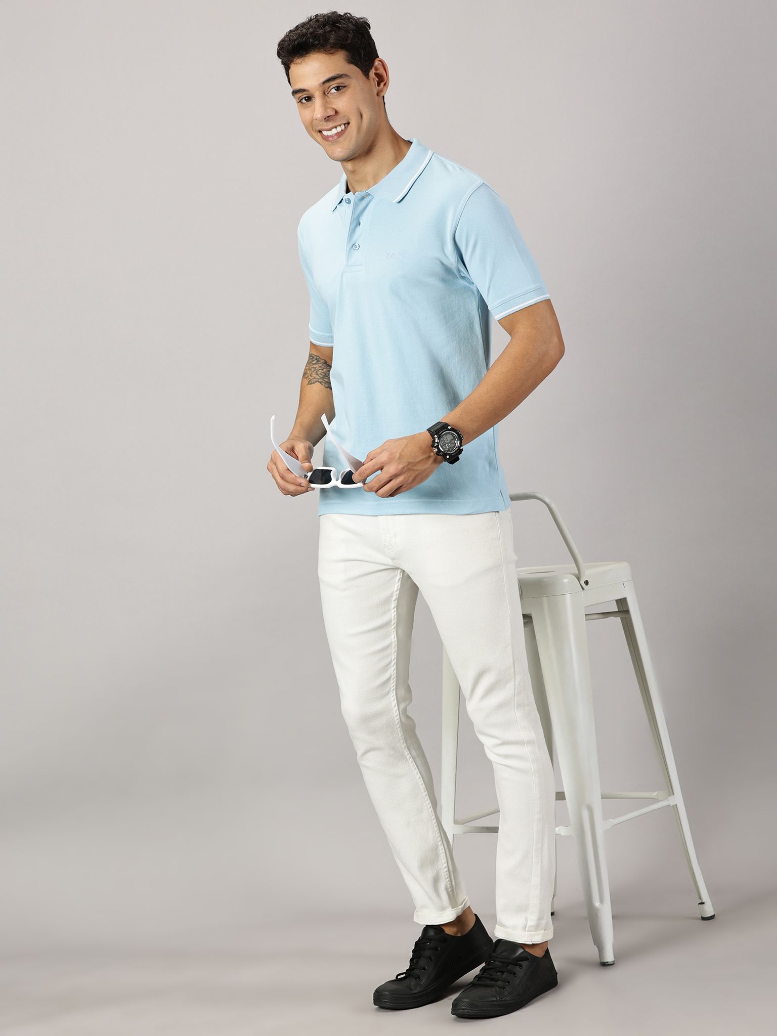 Pure Cotton Ice Blue Solid Polo view 2