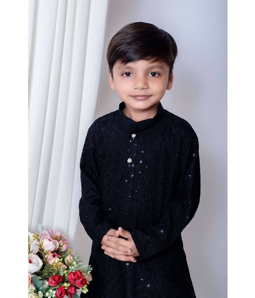 New Collection Boys Cotton Blend Sequined - Pattern Kurta Pant Set ( Dark Blue , Pack of 1 ) view 2