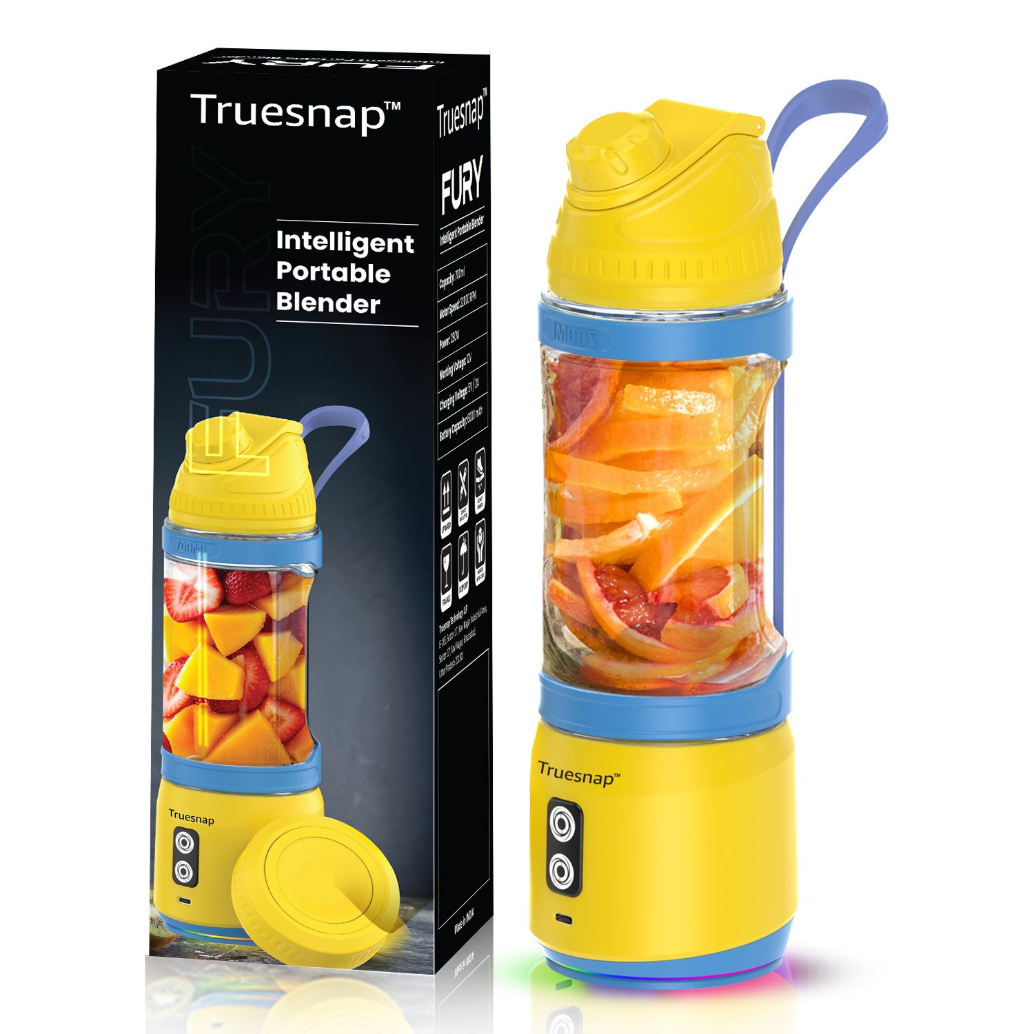 TrueSnap Fury 280W Portable Blender & Juicer, 700ml Jar, 6000mAh Battery, Ice Crusher, Non-Jamming Mixer Grinder – Yellow