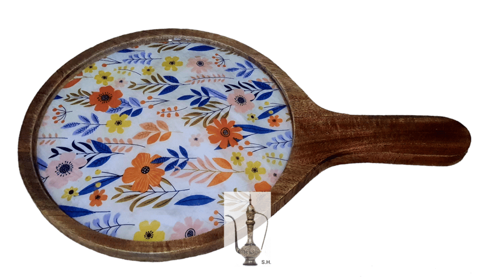Sara Home Mango Wood Serving Pizza Platter/Chipdip/Dosa/Chees/Snacks Tray Printed Enamel Serving Platter with Handle Appetizer Plate Serving Platter