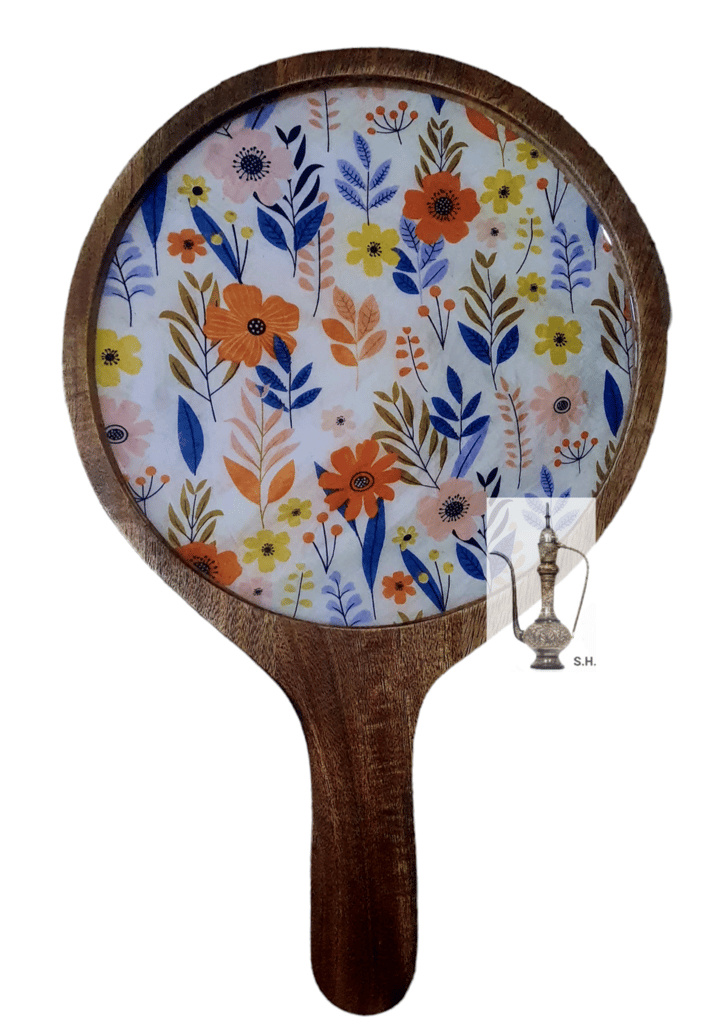 Sara Home Mango Wood Serving Pizza Platter/Chipdip/Dosa/Chees/Snacks Tray Printed Enamel Serving Platter with Handle Appetizer Plate Serving Platter view 2