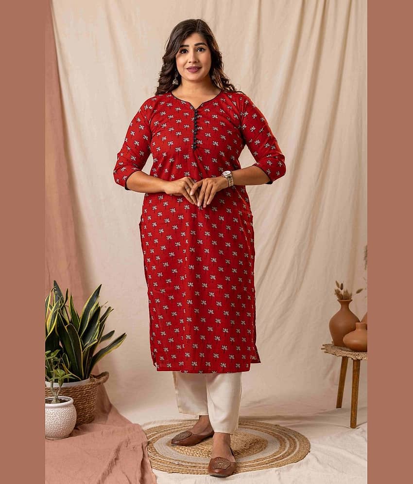 AMTHI Women Cotton Self Design A-line Kurti ( Red ) view 2